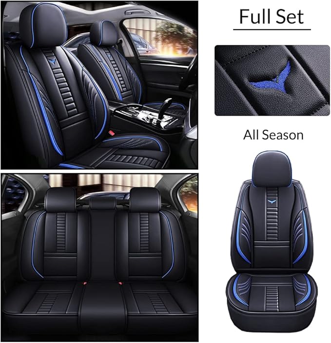 Waterproof 5 Car Seat Covers for Suzuki 1999-2025 95% Models, Premium Faux Leather Automotive Front and Back Seat Protectors Compatible with Airbag Black & Blue Line