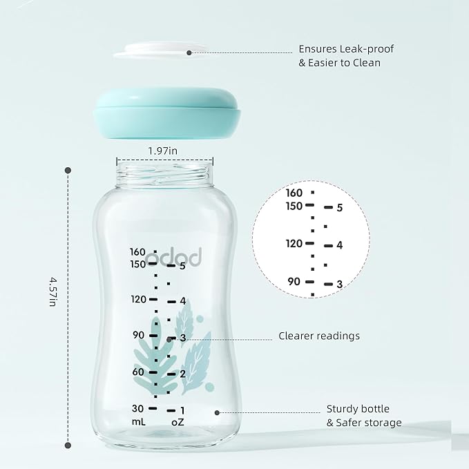 YOHKOH Glass Breast Milk Storage Bottles - 100% Leak-Proof, BPA-Free Breastmilk Storage Containers, Freezer & Dishwasher Safe, Ideal for Nursing Mothers (Blue, 5.4oz (Pack of 6))