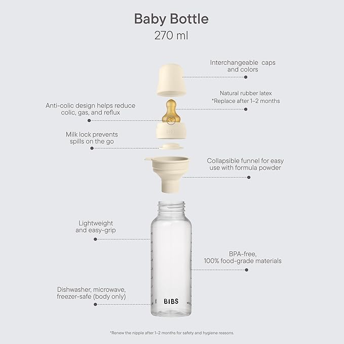 BIBS Baby Bottle 9 oz / 270 ml Silicone Nipple - Anti-Colic, BPA-Free, Round Nipple, Medium Flow, Lightweight & Easy to Clean, Suitable for Newborns 0+ Years - Blush