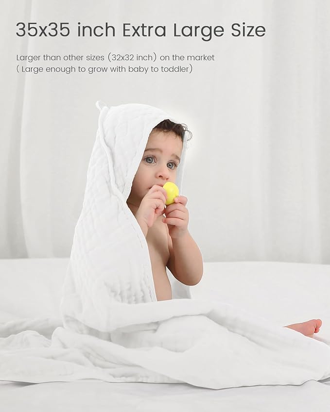 Newborn Hooded Baby Towels, 35x35 Inch 2 Pack 100% Muslin Cotton Baby Bath Towel, Soft Baby Beach Towels with Hood for Infants, Toddlers and Kids, (White + Beige)