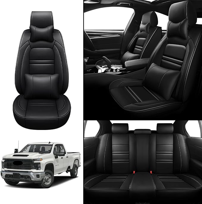 Car Seat Covers for Chevy Silverado 2500 2007-2025 | 5-Seats Seat Covers, Waterproof Seat Protectors, Automotive Seat Covers (Full Set with Pillow,Black)