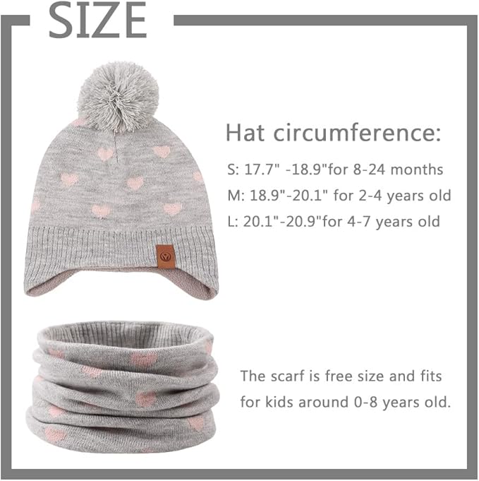 JANGANNSA Knitted Baby Hat Scarf Set Winter Warm Boys Girls Beanie Fleece Lining Toddler Kids Hats with Pompom