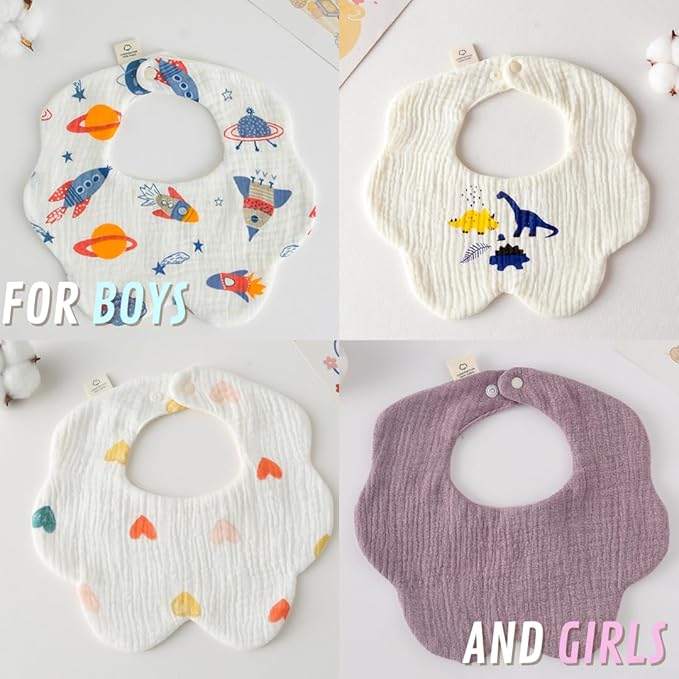 4 Pack Baby Bandana Bibs - Super Absorbent for Drooling & Teething - Soft, Flower Shape (0-24 Months)