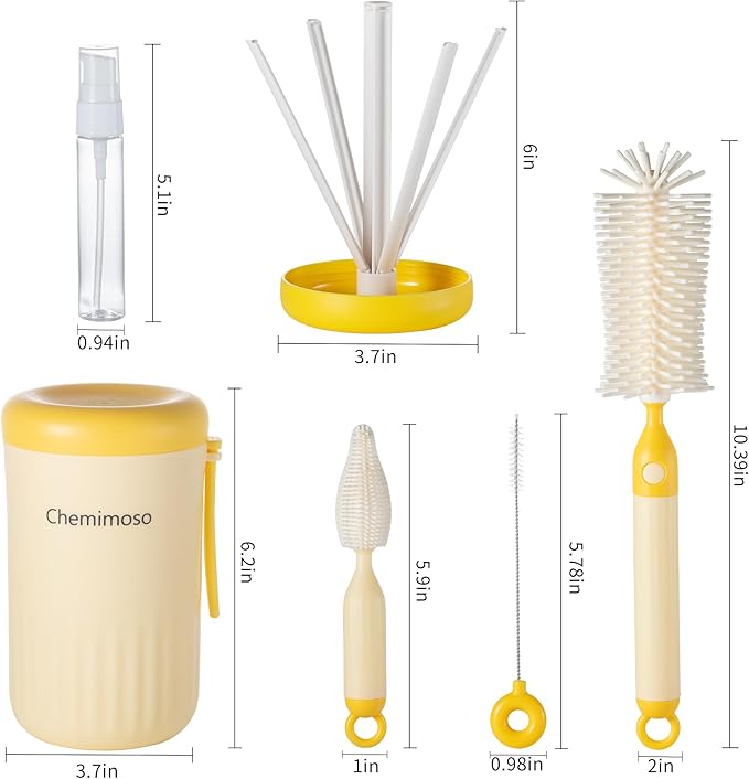 Chemimoso Travel Silicone Baby Bottle Cleaner Brush Set, Foldable Baby Bottle Drying Rack, Essential Cleaning Set for Outdoor Travel, Pink