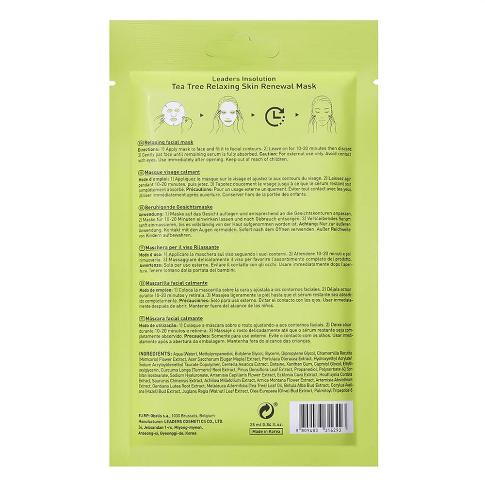 Leaders Insolution Tea Tree Relaxing Skin Renewal Mask | Soothing Facial Sheet for Acne, Oil Control, and Sensitive Skin | Hydrating Botanicals | Calms Redness, Smooth (10 Sheets)