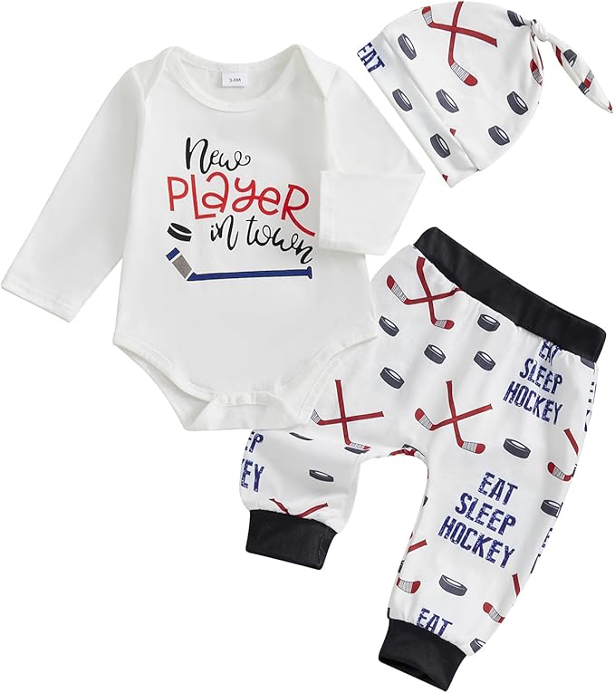 Baby Boy Hockey Outfit New Player in Town Long Sleeve Romper Long Pants Hat Set 3Pcs Newborn Fall Winter Clothes