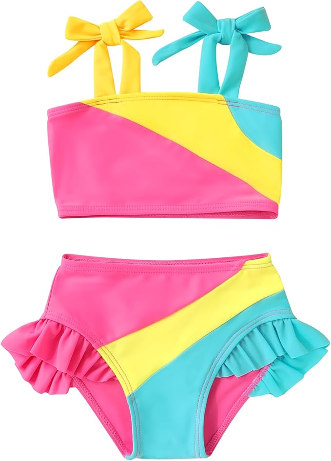YOUNGER TREE Toddler Girls Two Pieces Swimsuit Color Block Stripe Swimwear Summer Beach Bathing Suit 18M-5T
