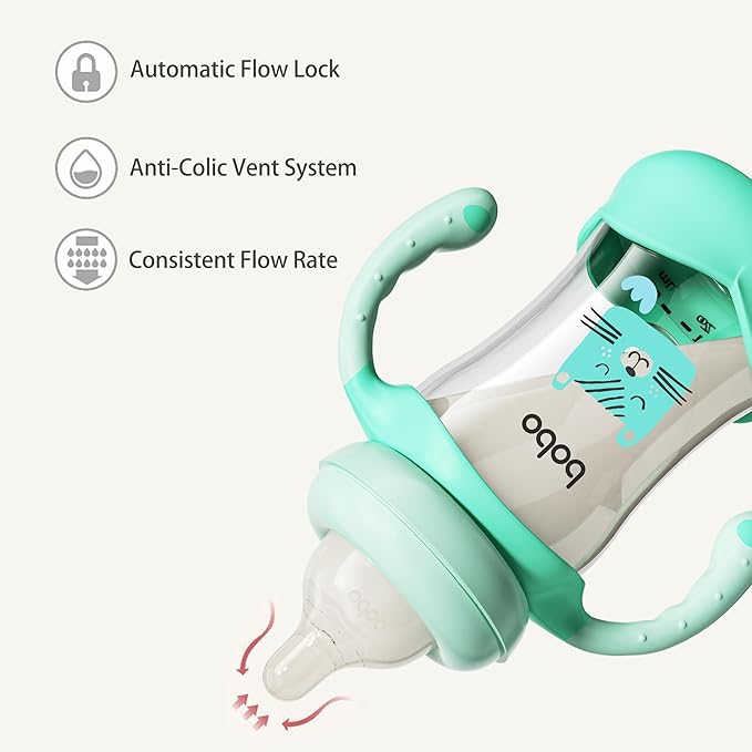YOHKOH Natural Glass Baby Bottle with Natural Response Nipple, Wide Neck Baby Bottles with Handle, Newborn Anti-Colic Baby Bottles Gift Set, Clear (5.4oz (Pack of 2), Blue)