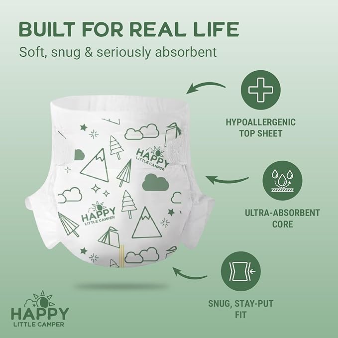 Happy Little Camper Super Saver Diapers, Size 2, 25 Count | Budget-Friendly Disposable Baby Diapers for Sensitive Skin | Hypoallergenic, Fragrance-Free, Ultra Absorbent