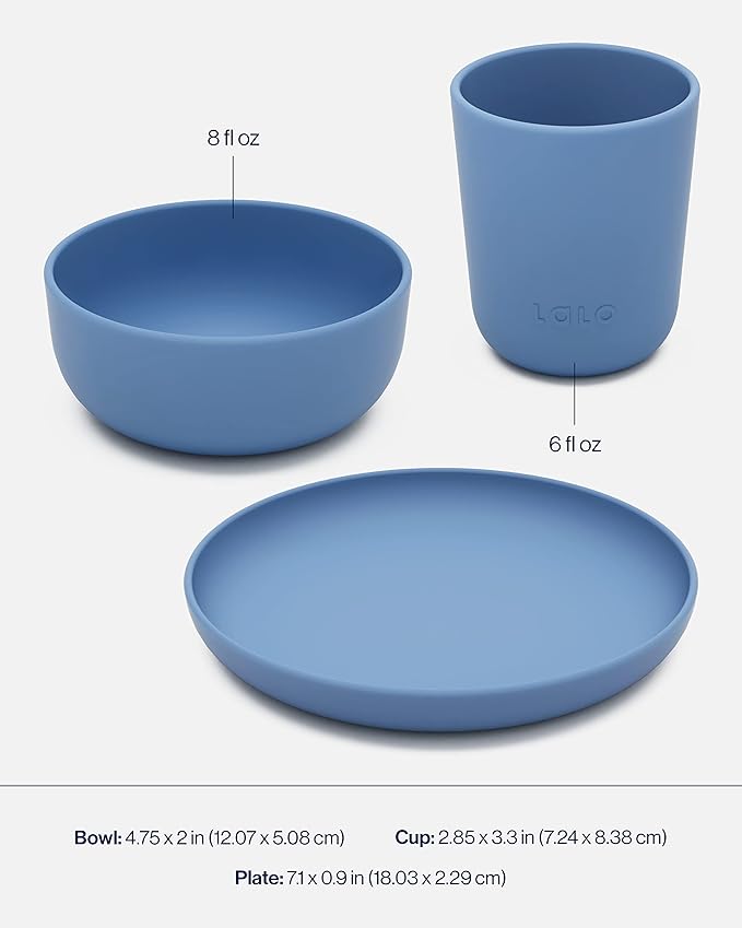 Lalo Big Bites Kids Dinnerware Starter Set - Dishwasher Safe, BPA Free, Kids Tableware Set - Includes Stackable Bowl, Plate, Utensils & Cup - 5 Pieces - Blueberry