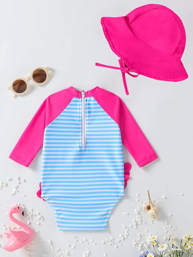 WOLBAY Baby Girl Swimsuit Long Sleeve One Piece Rash Guard with Sun Hat Zipper Bathing Suit Size 0-2T