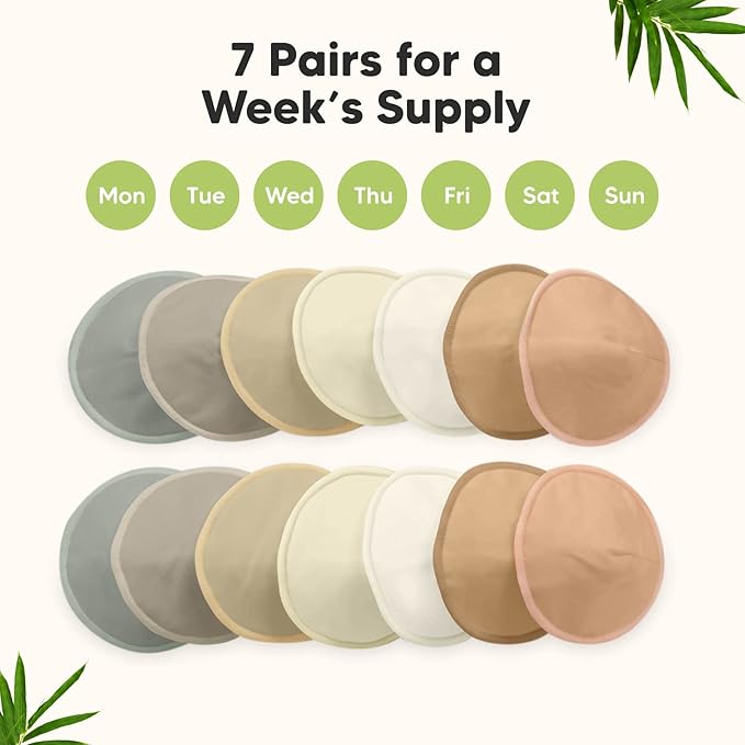 Organic Nursing Pads - 14 Washable Viscose Derived from Bamboo Breastfeeding Pads, Wash Bag, Reusable Breast Pads for Breastfeeding, Nipple Pads for Breastfeeding Essentials(Earth, M 3.9")
