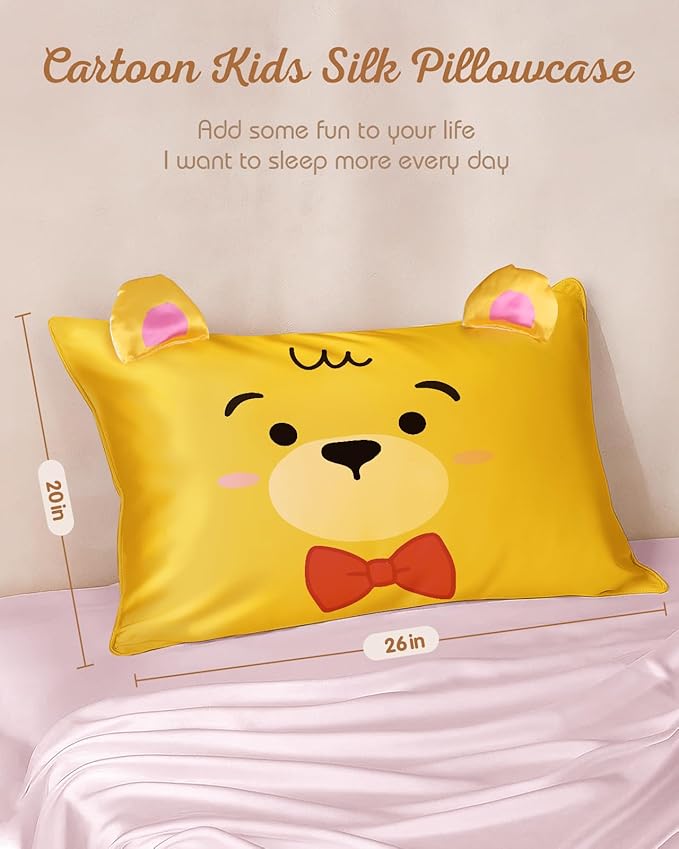 Kids Pillowcases Standard Size 20"x26" - Cute Cartoon Soft Breathable Silk Pillow Cases for Hair and Skin with Hidden Zipper for Girls Fun Kawaii Design for Bedding, Yellow Bear