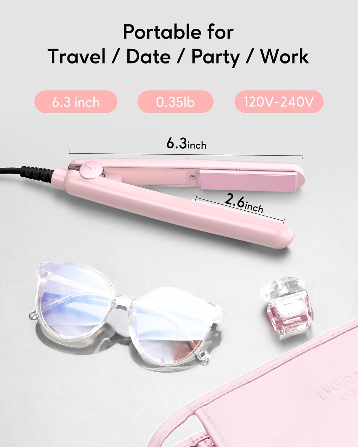 Wavytalk Mini Portable Flat Iron, 0.7 Inch Dual Voltage Hair Straightener - Small Flat Irons for Short Hair, Curls Bangs, Worldwide Use for Travel, Pink