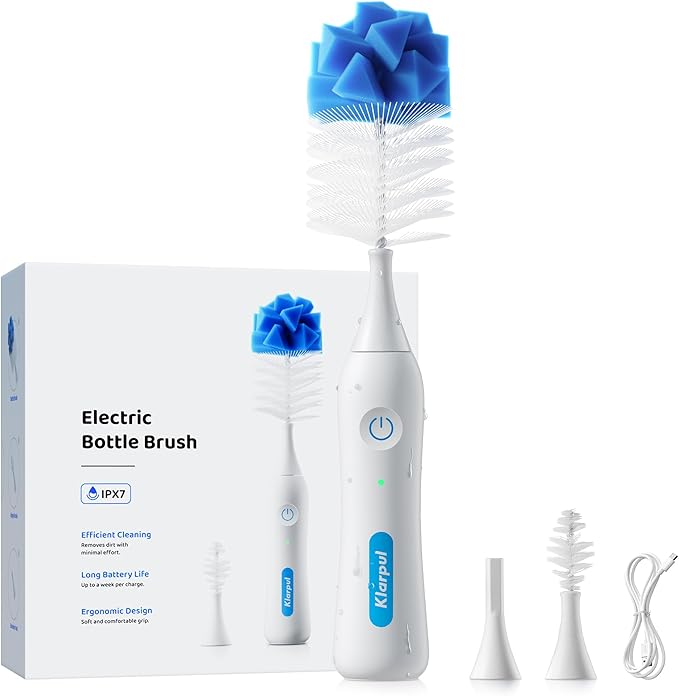 Electric Bottle Brush Cleaner, IPX7 Waterproof Baby Bottle Brush with Replaceable Nipple Cleaning Kit & Extender Rod, 2 Speed Modes, 360° Auto Cleaning, 2000mAh Battery, Rechargeable, Blue