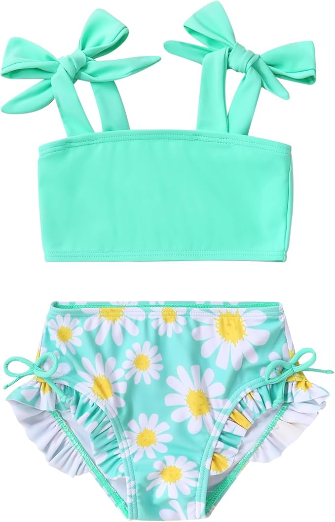 Toddler Swimsuit Girl Color Block Stripe Swimwear Baby Girl Summer Beach Bathing Suits Bikini Set with Ruffled Edges