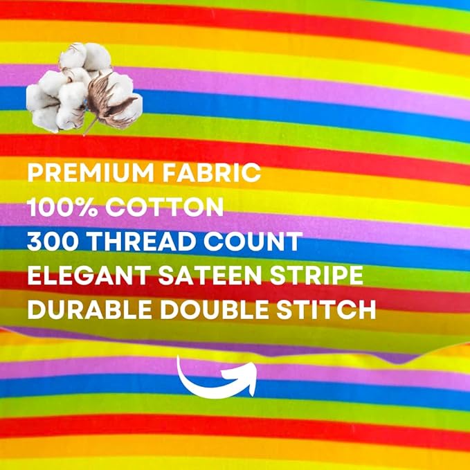 kinder Fluff Kids Pillow (2Pack) 16x24in - Youth Pillows for Kids Age 7+, 100% Cotton Sateen Stripes 300T, Down Alternative Fill, Machine Washable - Children, Decor & Travel Cushion - Rainbow - L