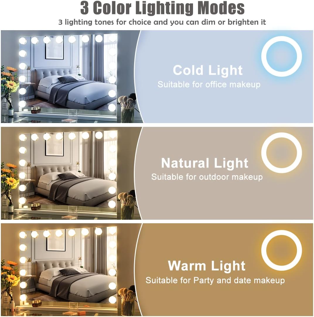 Hansong Vanity Mirror with Lights and Bluetooth Extra Large Hollywood Makeup Mirror with 18 pcs LED Bulbs Lighted Mirror with USB Charging,3 Color Lighting Modes Tabletop or Wall Mount