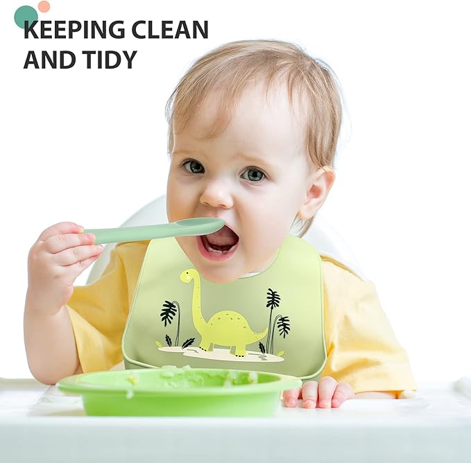 Zhanmai 3 Pack Silicone Bibs for Babies with Spoon Fork Adjustable Waterproof Rubber Feeding Bibs for Toddlers Boys Girls Kids Gifts(Vivid Style)