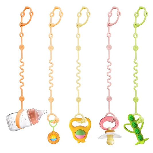 Toy Straps for Baby, 5pcs Adjustable Toy Holder for Stroller Accessories, Silicone Baby Tether Pacifier Clip, No Throw Baby Travel Essential Leash for High Chair, Car Seat (5 Pack Macaron)