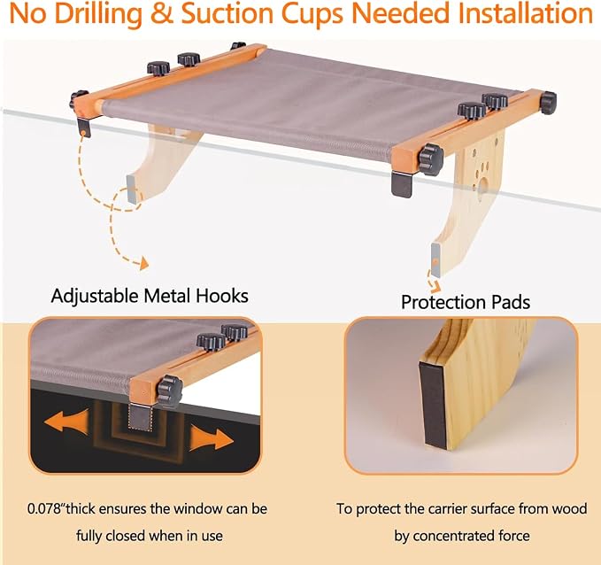 Cat Window Perch- Adjustable Sill Fit, Renter-Safe, Wood-Metal Frame Sturdy - Image 3