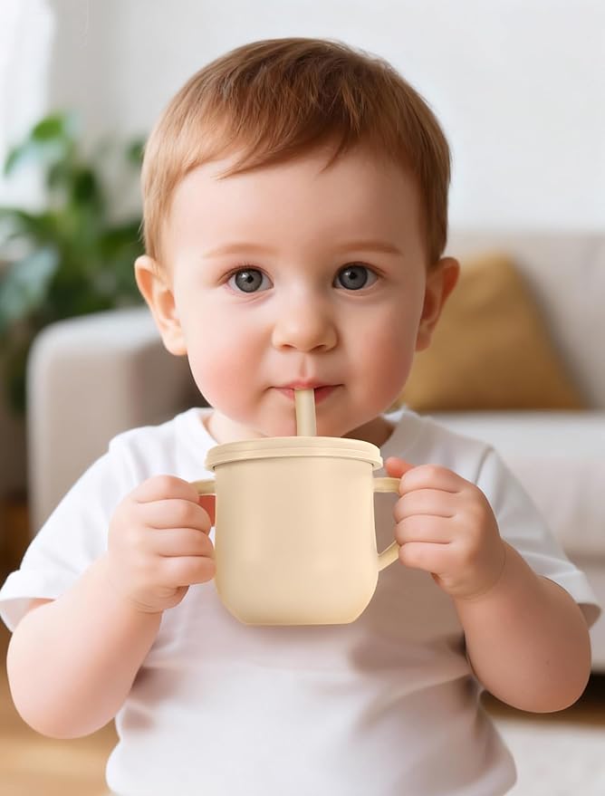 Silicone Toddler Cups Set, 2 Straw Cups and 2 Sippy Cups for 6+ Months Baby, Leakproof Spillproof Training Cups with Handles, Easy Clean (Blue+Beige)