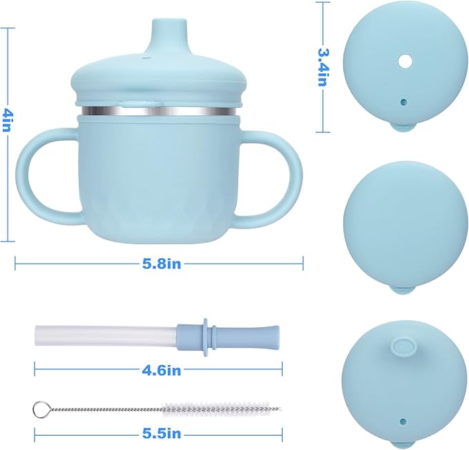 BUSOHA Stainless Steel Sippy Cups - 3 IN 1 Silicone Sippy Cup for Toddlers Baby Straw Cup with Brush Kids Cups with Lid and Silicon Straw Anti-Drop Spill Proof Cups for Travel,8 oz, Blue