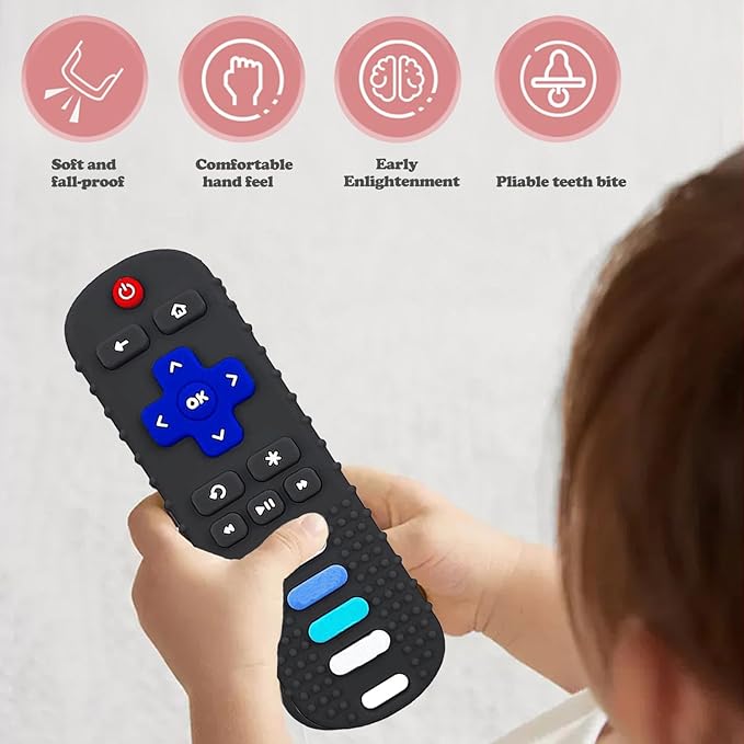 2-Pack Baby Teething Toys-TV Remote Control Shape Silicone Infants Teething Toys for Babies 0-18 Months,BPA-Free (Black+Pink)