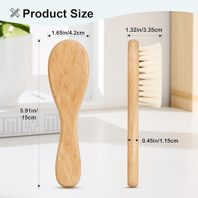 3PCS Baby Hair Brush with Wooden Handle and Comb Set for Newborns & Toddlers | Natural Soft Goat Bristles l Wood Comb l Pink Silicone Brush| Ideal for Cradle Cap