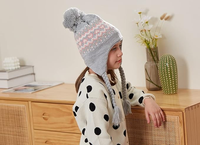 Moon Kitty Girls Knit Hats Winter Fleece Lining Skiing Winter Caps with Warm Ear Flap