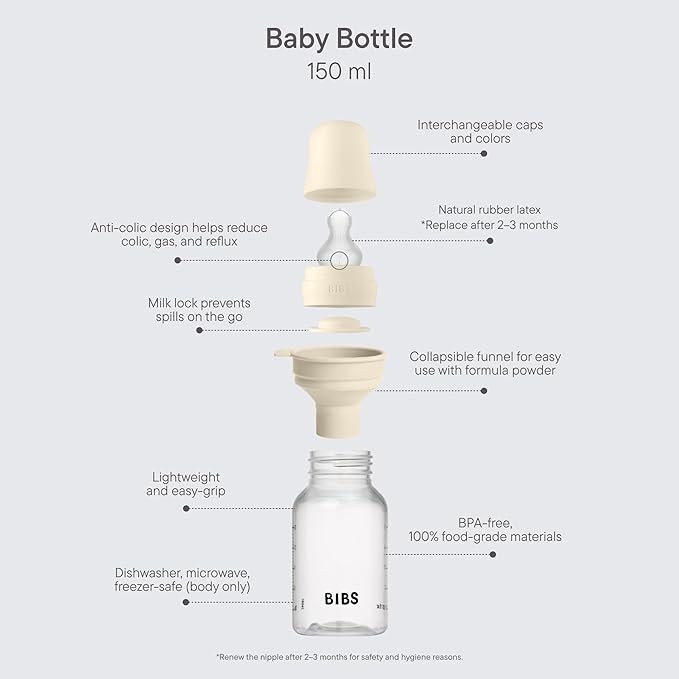 BIBS Baby Bottle 5 oz / 150 ml Silicone Nipple - Anti-Colic, BPA-Free, Round Nipple, Slow Flow, Lightweight & Easy to Clean, Suitable for Newborns 0+ Years - Ivory