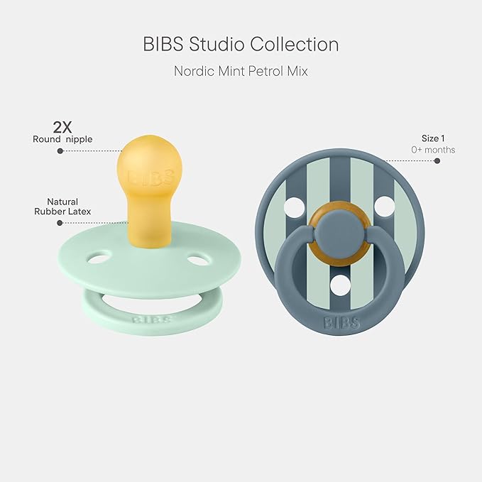 BIBS Pacifiers - Studio 2 Pack | Round Nipple Baby Pacifier | BPA Free Natural Rubber Latex Soother | Made in Denmark | Size 0+ Months | Block Nordic Mint Petrol