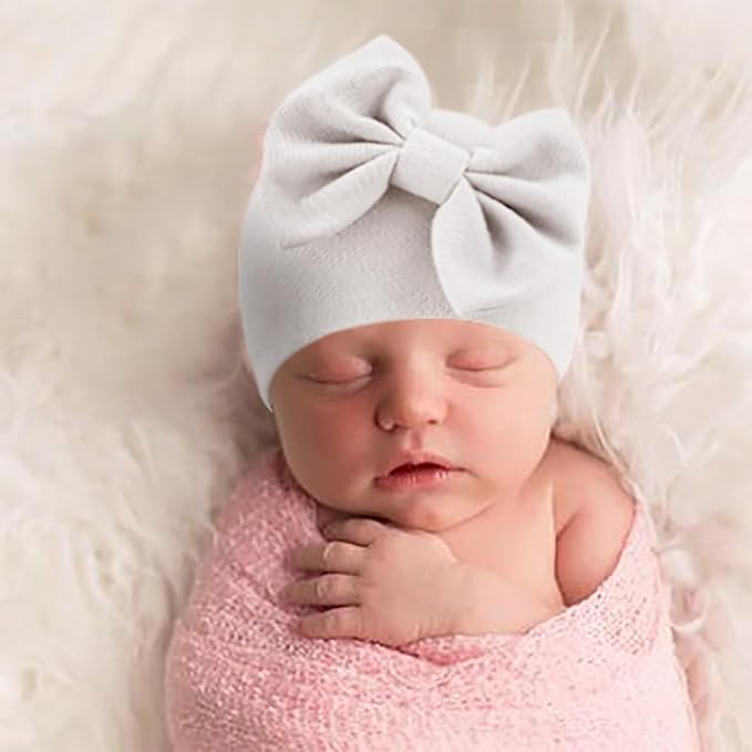 BQUBO Newborn Baby Hats Mittens Set Hospital Hat Beanie Infant Bow Hats Baby Gloves No Scratch Mittens for 0-6 Months