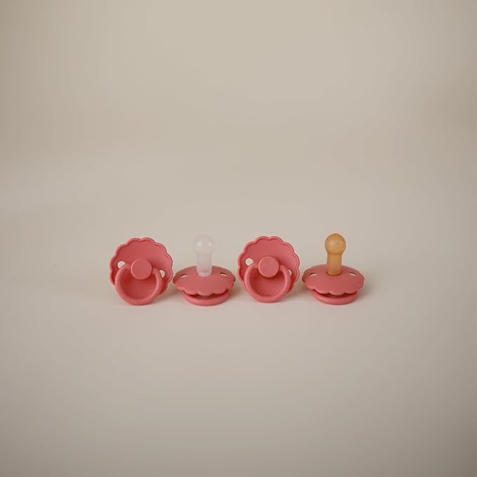 FRIGG Daisy Natural Rubber Baby Pacifier | Made in Denmark | BPA-Free (Cream/Poppy, Size 2) 2-Pack