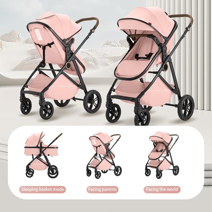 2 in 1 Baby Stroller, High Landscape Infant Stroller Pram Foldable Pushchair with Adjustable Canopy, Storage Basket, Suspension Wheels,5-Point Harness,Mom Bags (Pink)