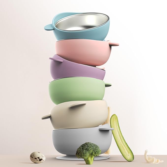 Stainless Steel Baby Bowls with Suction, 2-in-1 Toddlers Bowl & Removable Silicone Suction Kids Bowl, Non Toxic Snack Container for Baby Food Feeding, Soft Blue/Sage/Lavender/Cream Set of 4