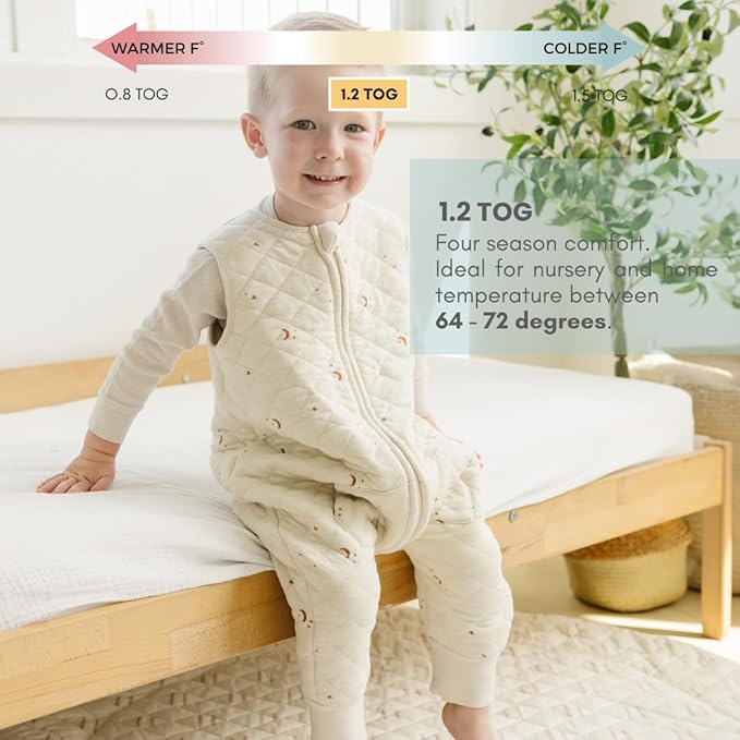 Tealbee Dreamsuit Toddler Sleep Sack with Feet – Walker Sleep Bag with Legs, Rayon made from Bamboo, All Season 1.2 TOG, 2-Way Zipper, 2T-3T - Moons&Stars