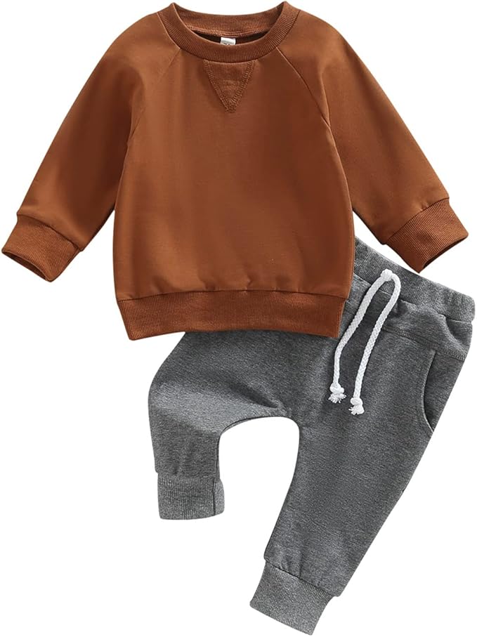 Toddler Baby Boy Clothes Solid Color Long Sleeve Crewneck Sweatshirt Top Casual Pants Set 2Pcs Fall Winter Outfits