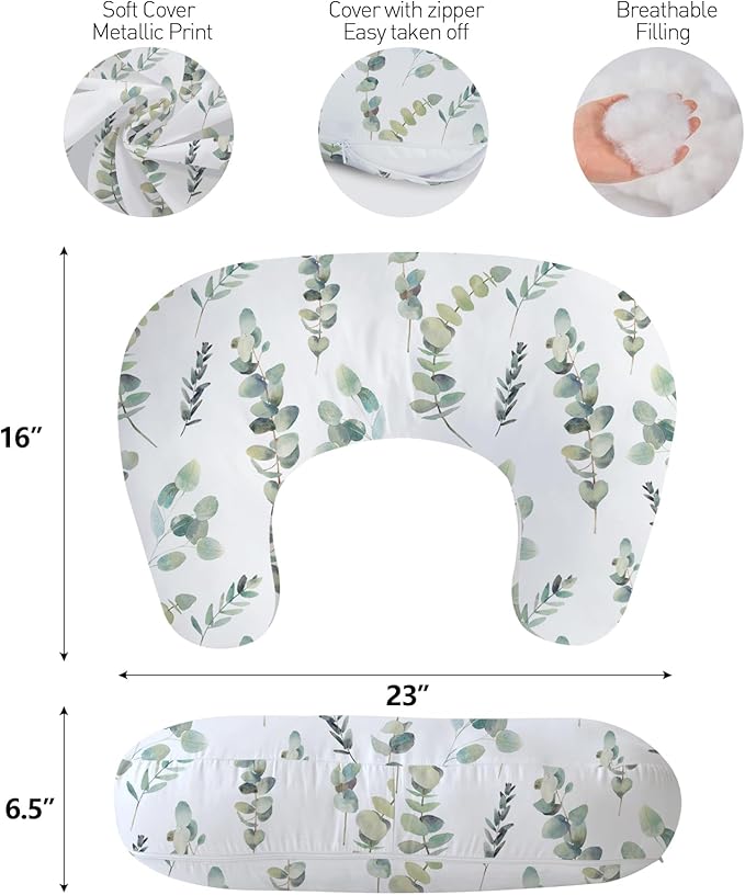 Little Grape Land Nursing Pillow,Upgraded Breast Feeding Pillow for Mom,Breastfeeding & Bottle Feeding for 0–17 Months, Soft Machine Washable Cover with firm breathable filling,Tummy Time,Green Leaves