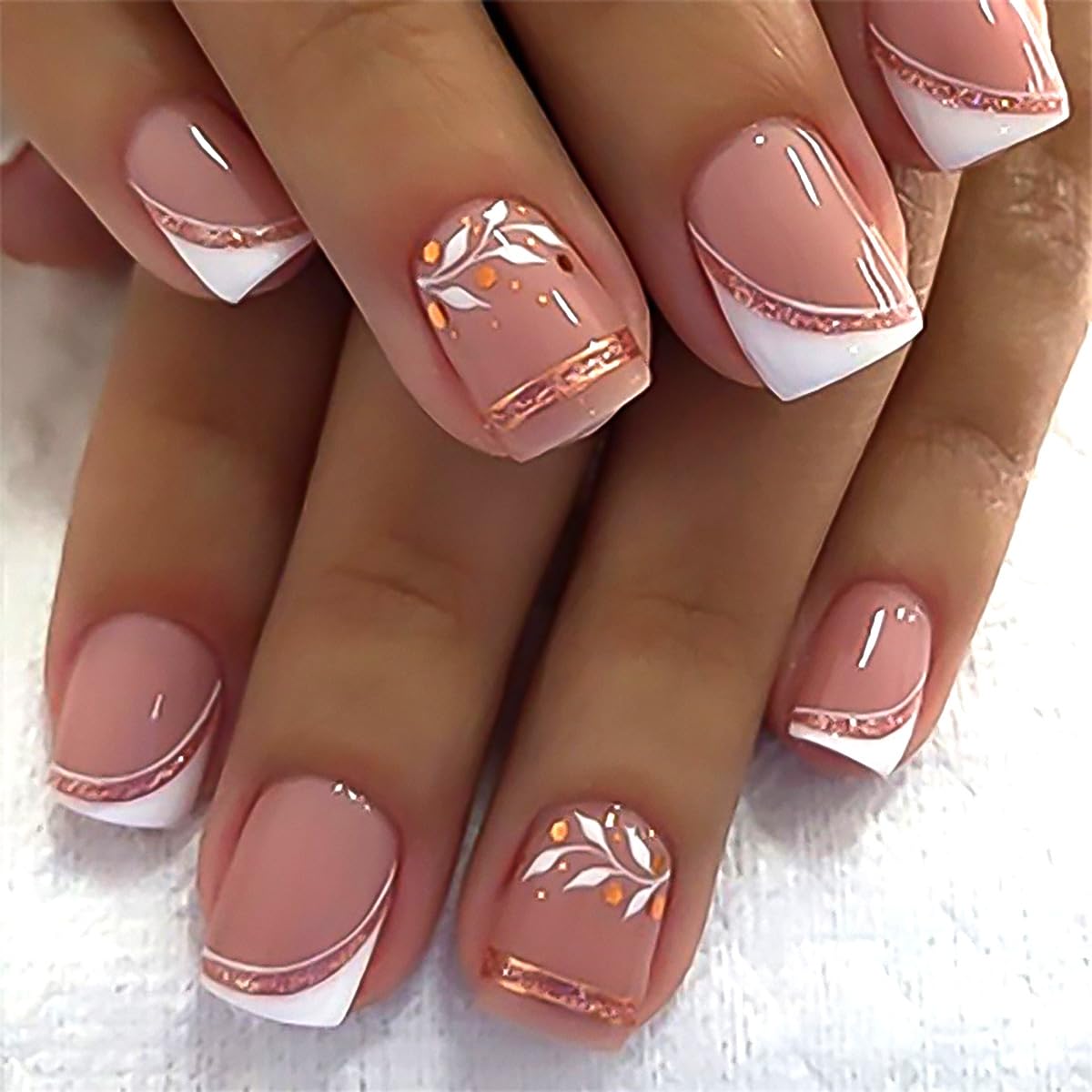 French Press On Nails Short Square, Nude Fake Nails with White French Tip and Minimalist Purple and Gold Line Design, Glossy Gel Finish Acrylic Nails, Natural Reusable Glue On Nails Kit for Women