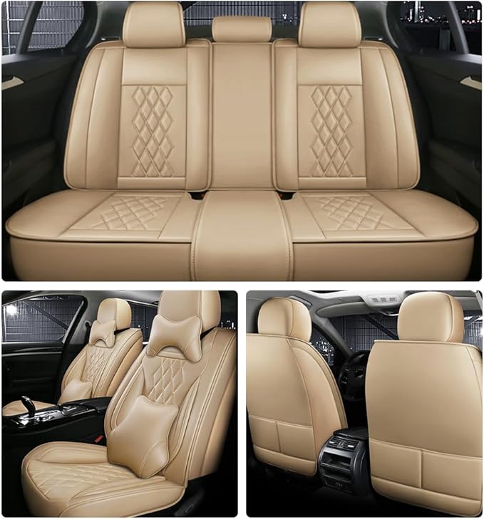 Leather Car Seat Covers for Volkswagen Atlas 2019-2023 Waterproof,Breathable and Non-Slip Napa Leather Car Interior Seat Covers,Comfortable and Durable,Easy to Install(5PCS,Luxury,Beige)