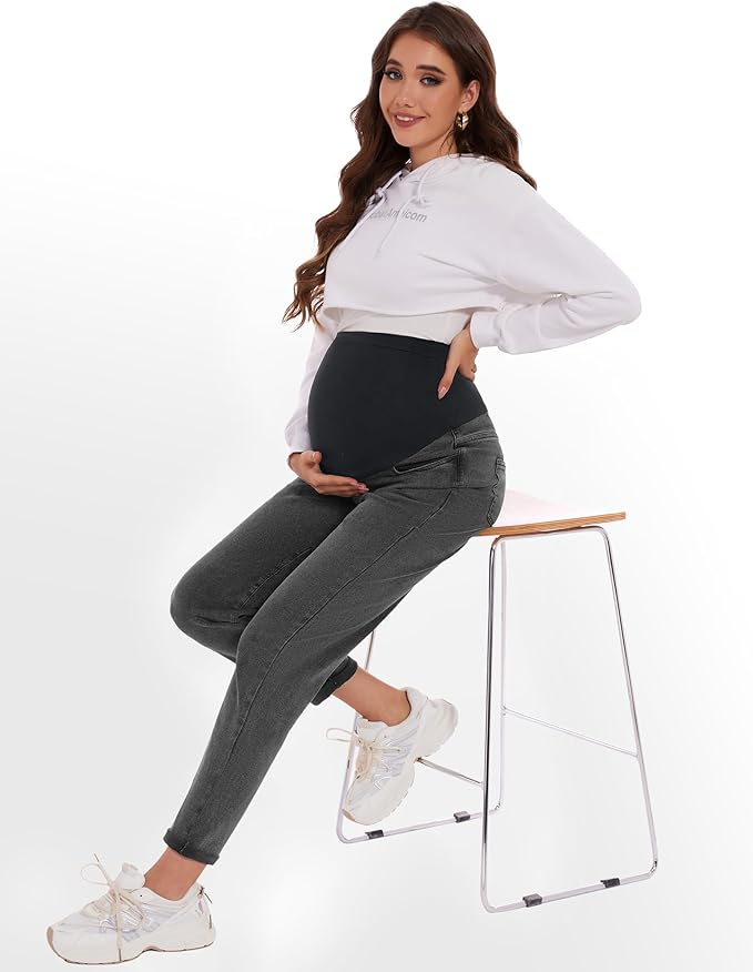 POSHGLAM Women's Maternity Jeans Over Belly Comfy Stretch 28'' Boyfriend Jeans Loose Pregnancy Pants, S-XXL