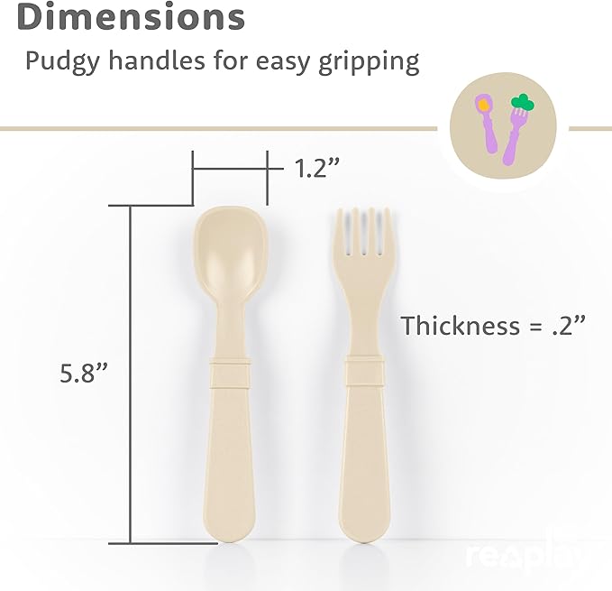 Re-Play Toddler Forks and Spoons Set - 4x4 Utensils Set for Kids - Dishwasher and Microwave Safe - Made in USA - Pack of 8 - Sand Beige