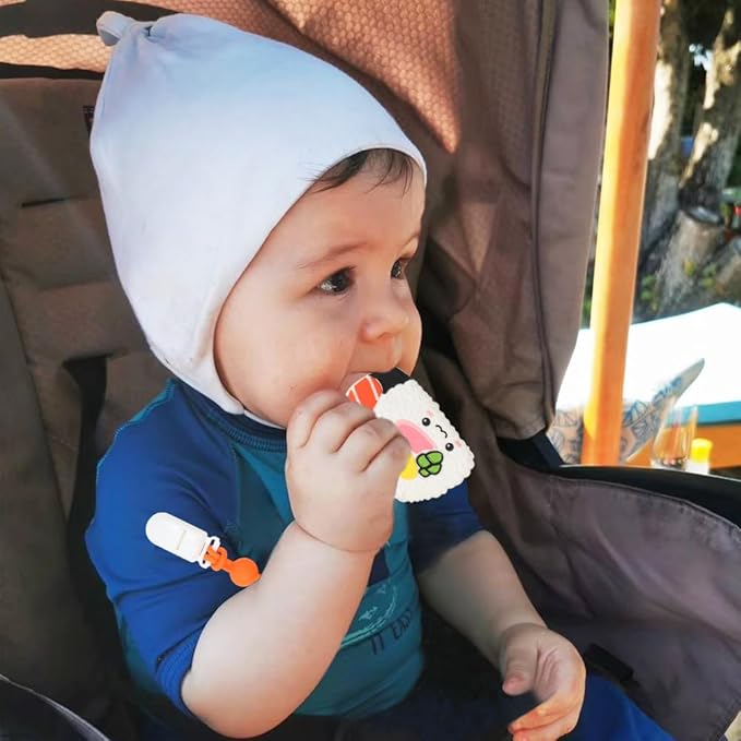 Baby Teething Toys,Food Grade Silicone Teether with One-Piece Pacifier Clip Holder,Shower Gift,Highly Effective Pain Relief for 3 Months+ Boy and Girl,BPA Free,Freezer Safe. (Sushi)