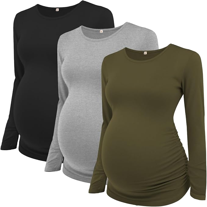 Ecavus Women's Maternity Shirts Long Sleeve Soft Stretchy Pregnancy Tops Side Ruched Casual Mama Clothes