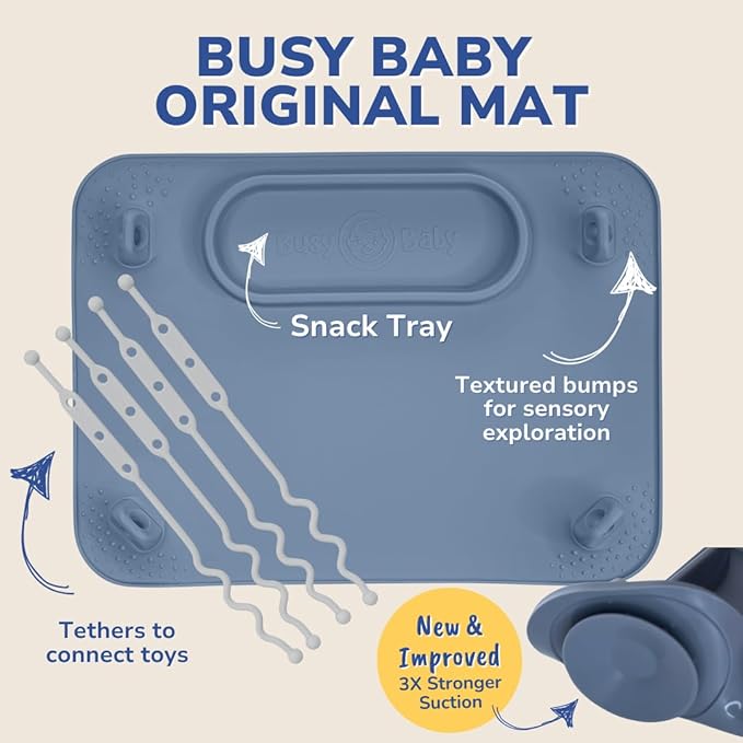 BUSY BABY Silicone Mat - New and Improved Suction Cups, 4 Straps to Secure Baby Essentials, Self Feeding, Baby Led Weaning, Travel Sleeve Included (Spearmint)