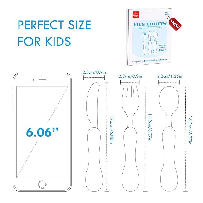 Lehoo Castle 6 Pieces Toddler Utensils, Kids Silverware for 2 3 4 Years Old, Stainless Steel Knife Fork and Spoon Set with Plastic Handle, Safe Toddler Cutlery (Blue)