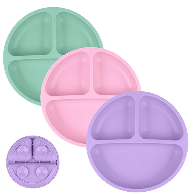 Vicloon Suction Plates, 2 Pcs Baby Toddler Plate, 100% Food Grade Silicone BPA Free Baby Plates, Divided Plate Design, Silicone Grip Dish Microwave & Dishwasher Safe