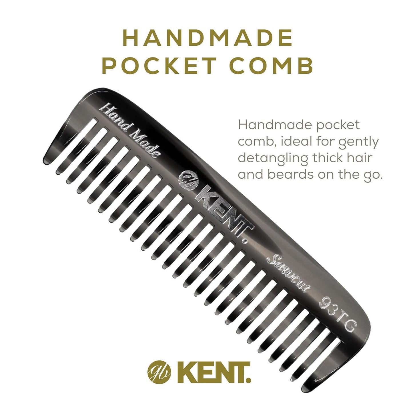 Kent 93T Black Graphite Wide Tooth Men's Comb, for Mustache and Beard ideal for Facial Hair, Small Pocket Sized Travel Detangler Comb, Saw-Cut Hand polished Made in England