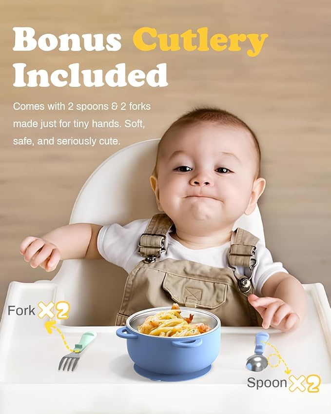 Toddler Feeding Suction Bowls and Utensils Set, 2-in-1 Stainless Steel 304 Kids Bowl & Silicone Suction Baby Bowl with Spoons and Forks, First Self-feeding Training Set, Ocean Explorer
